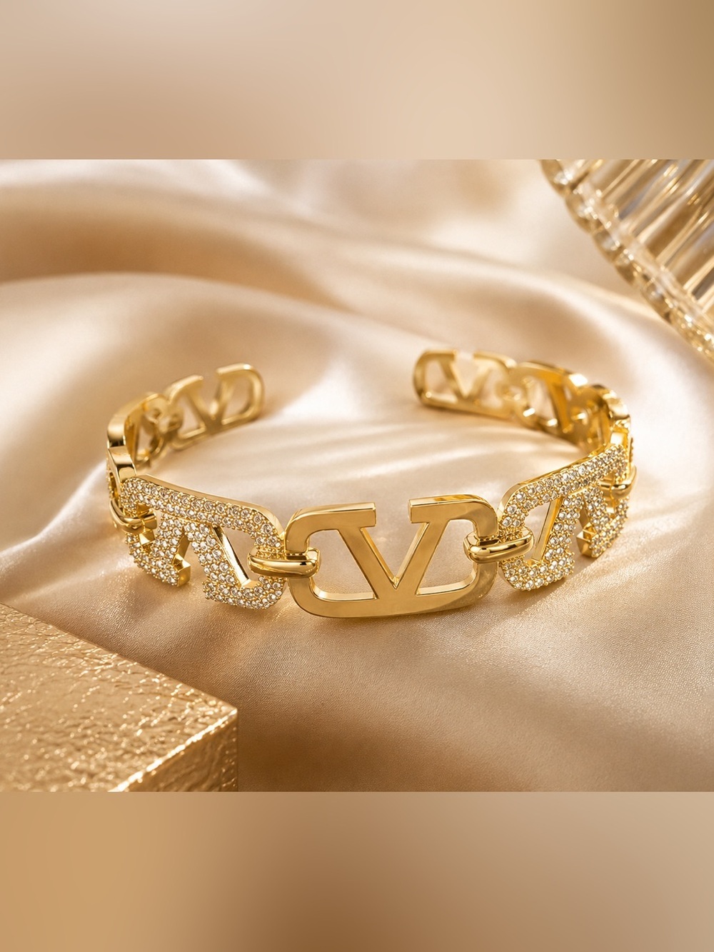 Gold Logo Link Bracelet with Crystal Accents